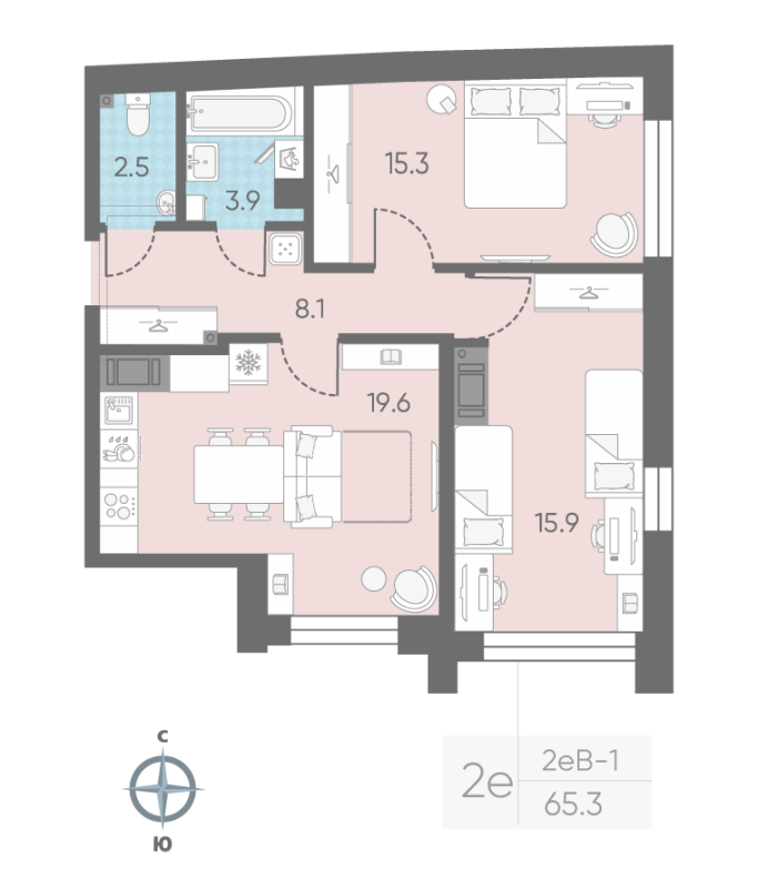 1-комнатная квартира  №56 в Измайловский: 65.3 м², этаж 8 - купить в Санкт-Петербурге