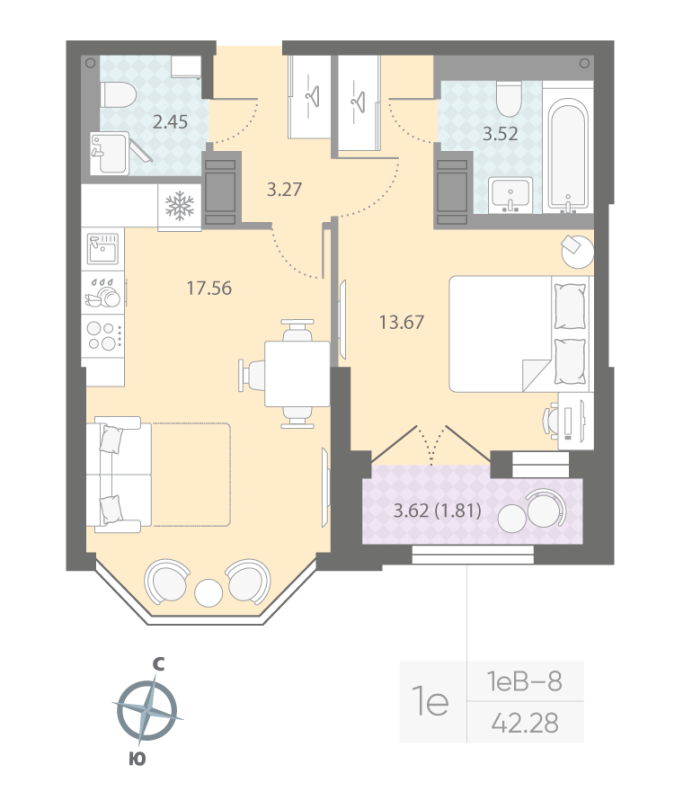 1-комнатная квартира, 42.28 м²; этаж: 13 - купить в Санкт-Петербурге