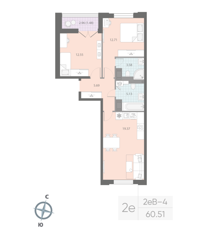 2-комнатная квартира  №188 в Цивилизация на Неве: 60.51 м², этаж 6 - купить в Санкт-Петербурге