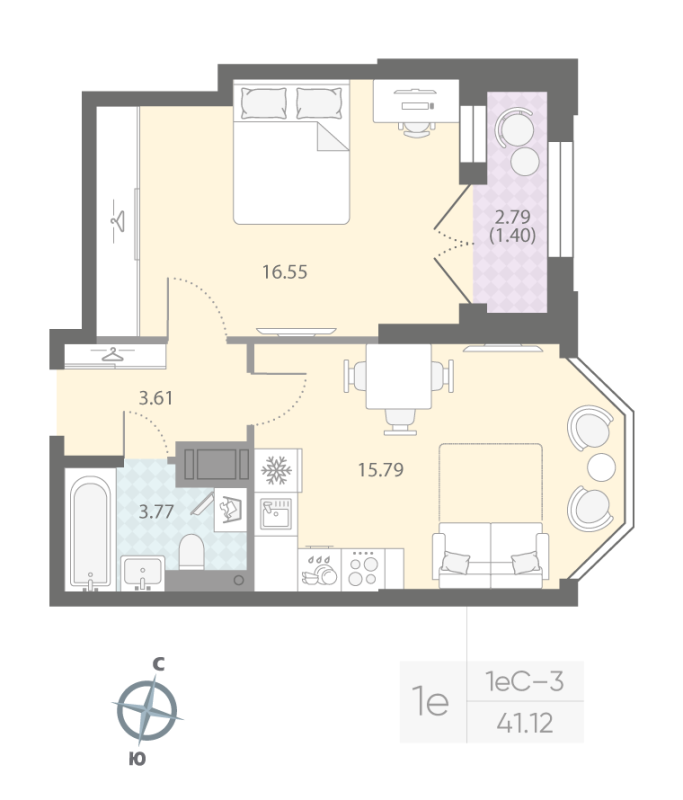 1-комнатная квартира, 41.12 м²; этаж: 12 - купить в Санкт-Петербурге