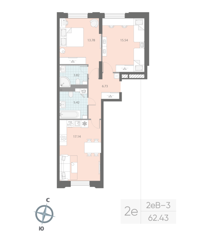 2-комнатная квартира, 62.43 м²; этаж: 2 - купить в Санкт-Петербурге