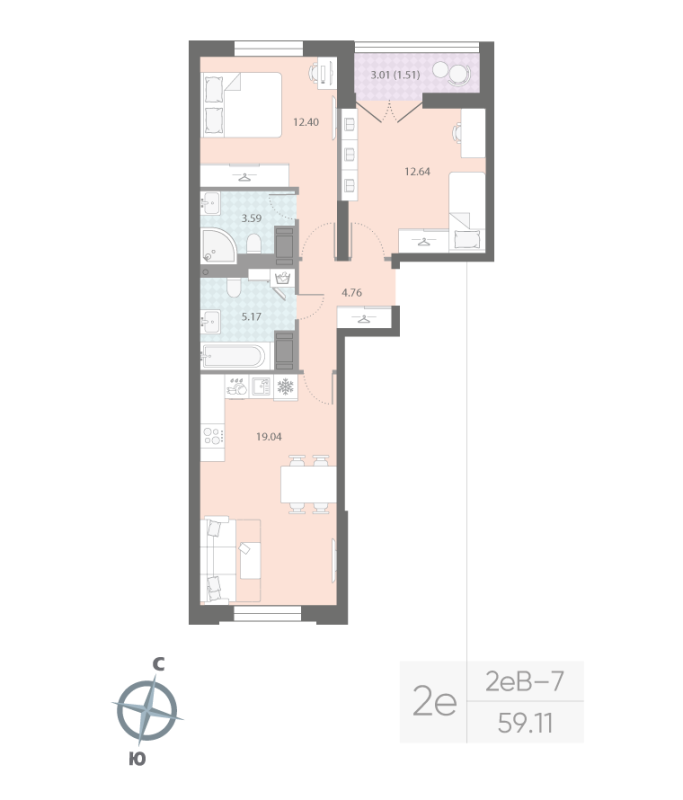 2-комнатная квартира, 59.11 м²; этаж: 14 - купить в Санкт-Петербурге