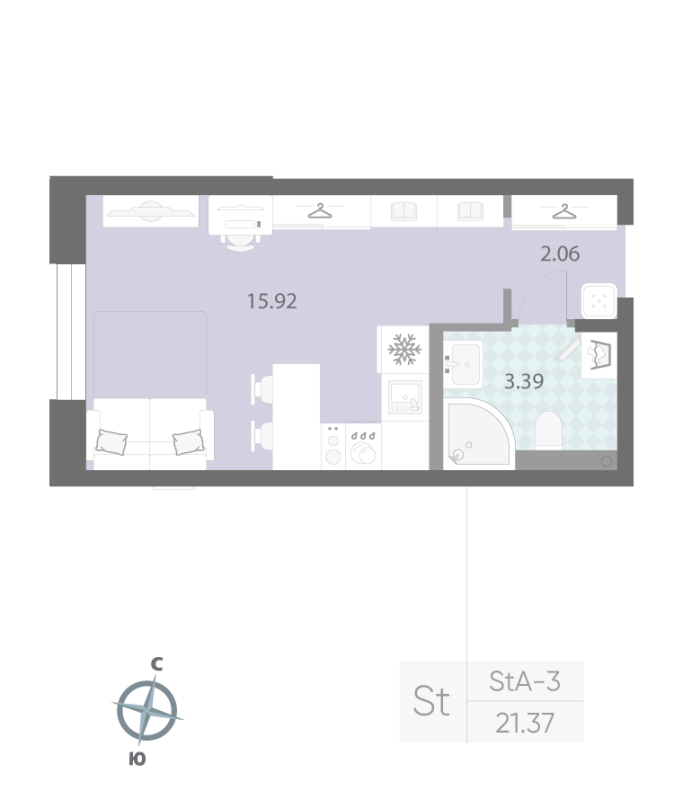 1-комнатная квартира №57 в: ЦИВИЛИЗАЦИЯ НА НЕВЕ: 21.37 м²; этаж: 2 - купить в Санкт-Петербурге