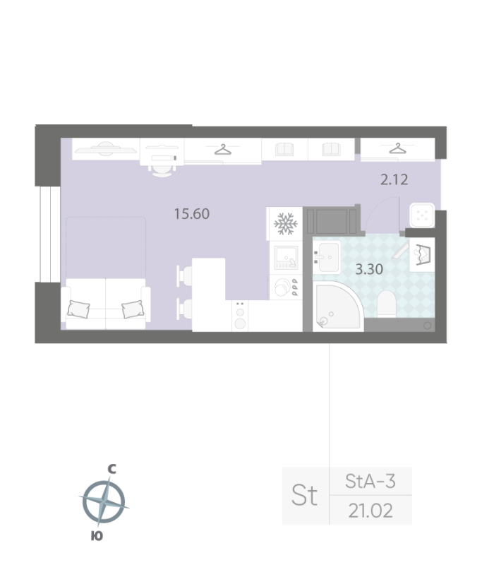 1-комнатная квартира №57 в: ЦИВИЛИЗАЦИЯ НА НЕВЕ: 21.2 м²; этаж: 3 - купить в Санкт-Петербурге