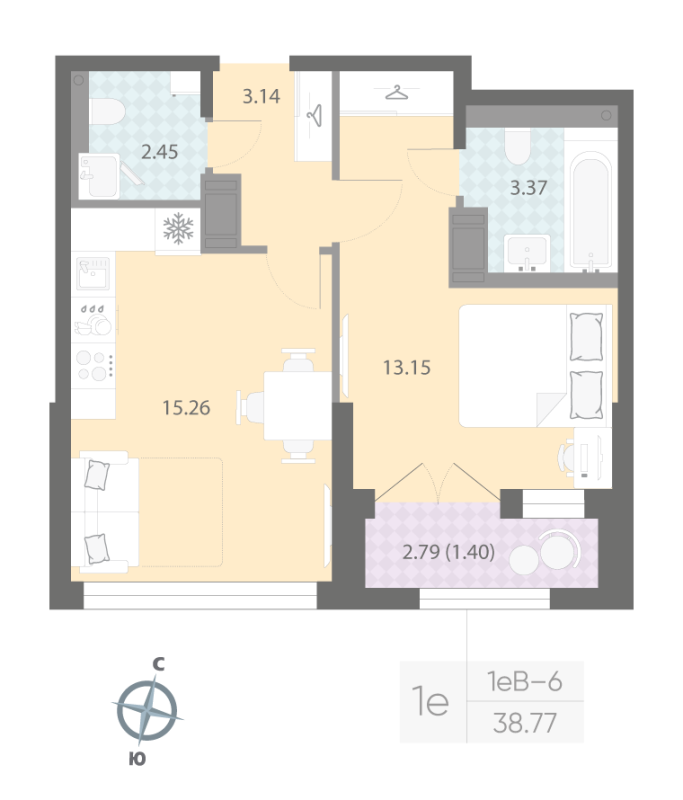 1-комнатная квартира  №298 в Цивилизация на Неве: 38.77 м², этаж 15 - купить в Санкт-Петербурге
