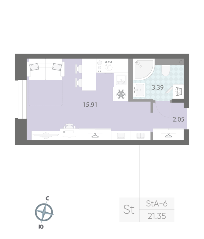 1-комнатная квартира №57 в: ЦИВИЛИЗАЦИЯ НА НЕВЕ: 21.35 м²; этаж: 2 - купить в Санкт-Петербурге