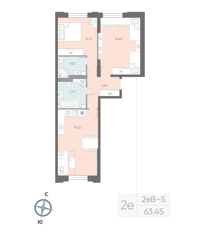 2-комнатная квартира, 63.45 м²; этаж: 2 - купить в Санкт-Петербурге