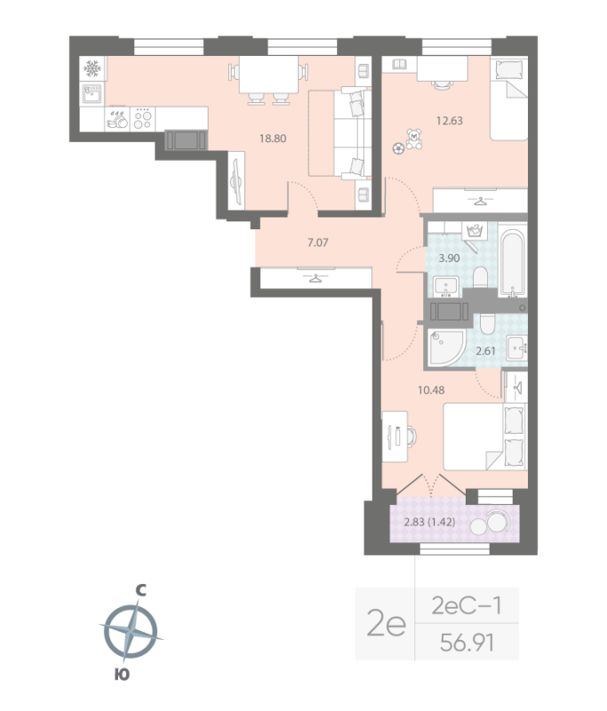 2-комнатная квартира  №153 в Цивилизация на Неве: 56.91 м², этаж 12 - купить в Санкт-Петербурге