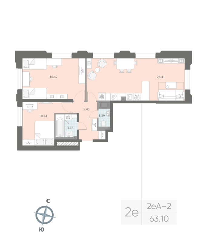 2-комнатная квартира, 63.1 м²; этаж: 3 - купить в Санкт-Петербурге
