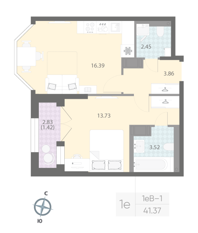 1-комнатная квартира, 41.37 м²; этаж: 6 - купить в Санкт-Петербурге