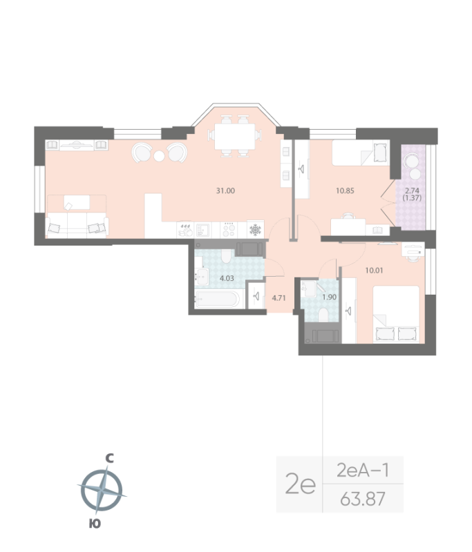 2-комнатная квартира, 63.87 м²; этаж: 11 - купить в Санкт-Петербурге