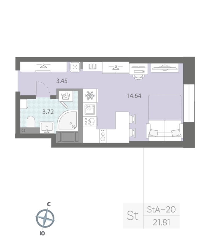 1-комнатная квартира №57 в: ЦИВИЛИЗАЦИЯ НА НЕВЕ: 21.81 м²; этаж: 5 - купить в Санкт-Петербурге