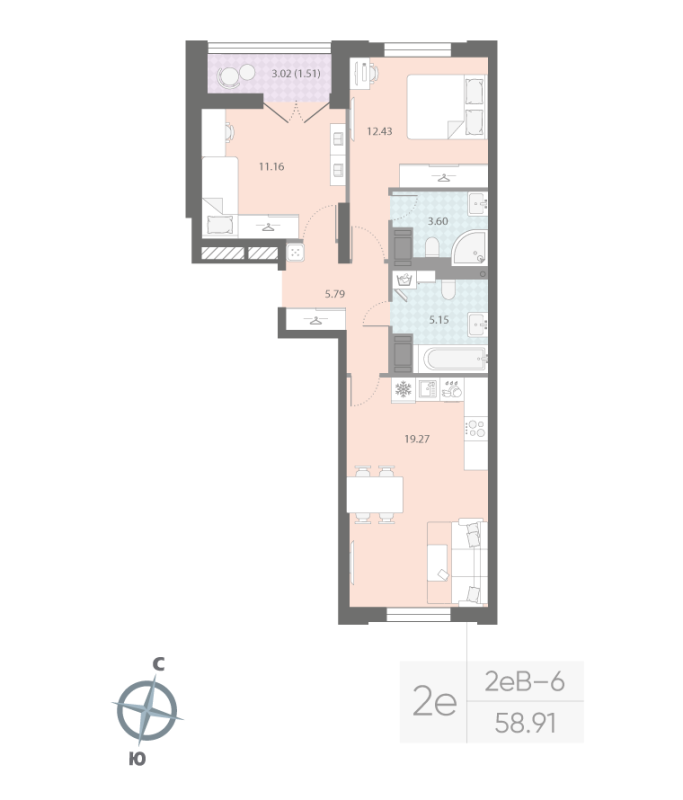 2-комнатная квартира, 58.91 м²; этаж: 15 - купить в Санкт-Петербурге