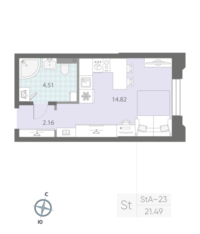 1-комнатная квартира №57 в: ЦИВИЛИЗАЦИЯ НА НЕВЕ: 21.49 м²; этаж: 2 - купить в Санкт-Петербурге