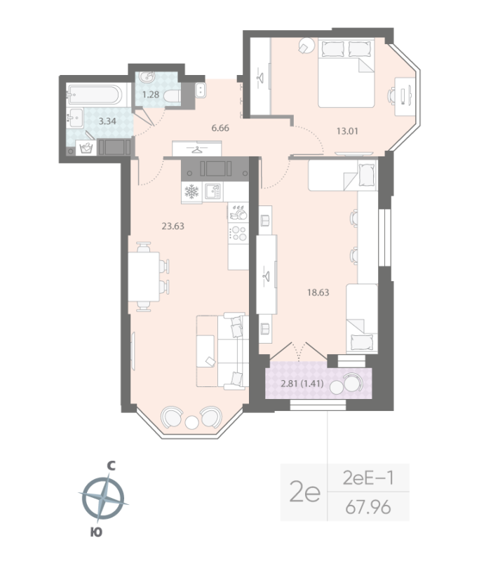 2-комнатная квартира  №391 в Морская набережная II очередь: 67.96 м², этаж 12 - купить в Санкт-Петербурге