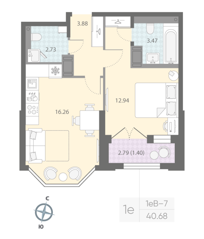 1-комнатная квартира, 40.68 м²; этаж: 12 - купить в Санкт-Петербурге