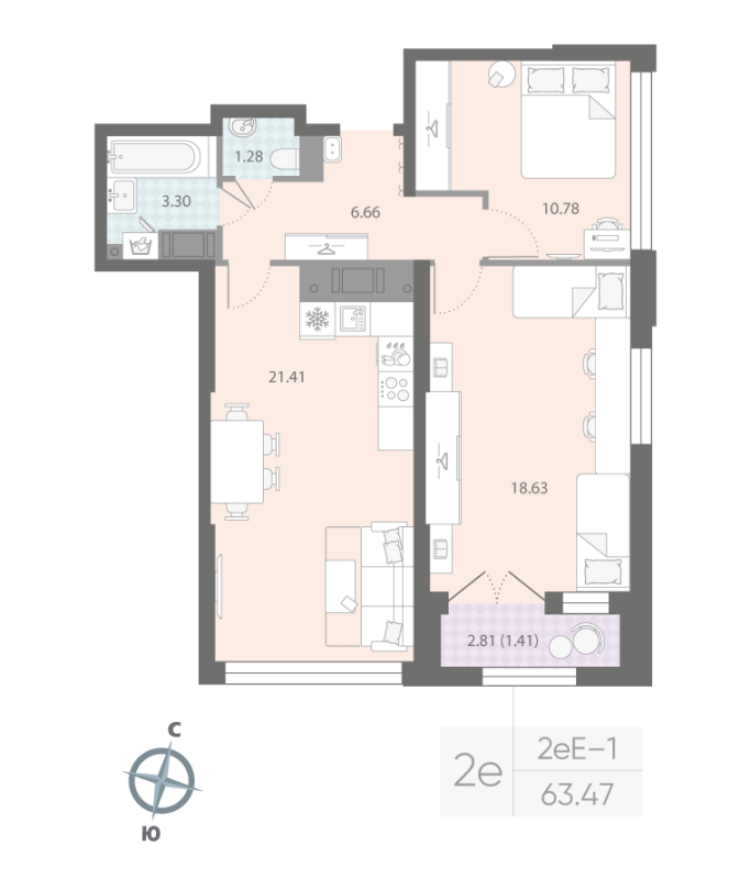 2-комнатная квартира, 63.47 м²; этаж: 17 - купить в Санкт-Петербурге
