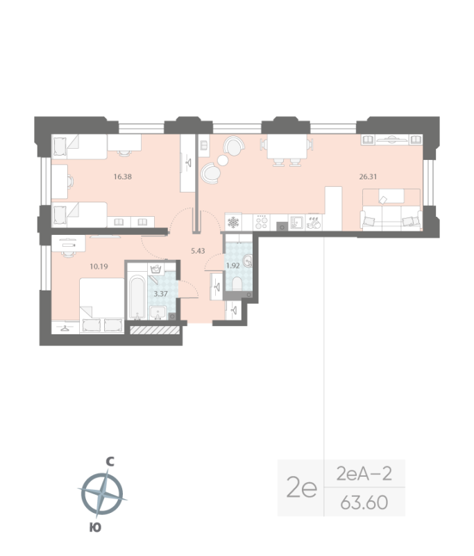 2-комнатная квартира, 63.6 м²; этаж: 2 - купить в Санкт-Петербурге