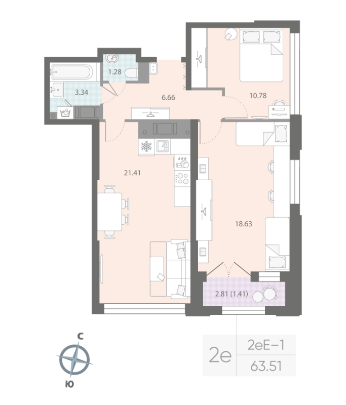 2-комнатная квартира, 63.51 м²; этаж: 14 - купить в Санкт-Петербурге