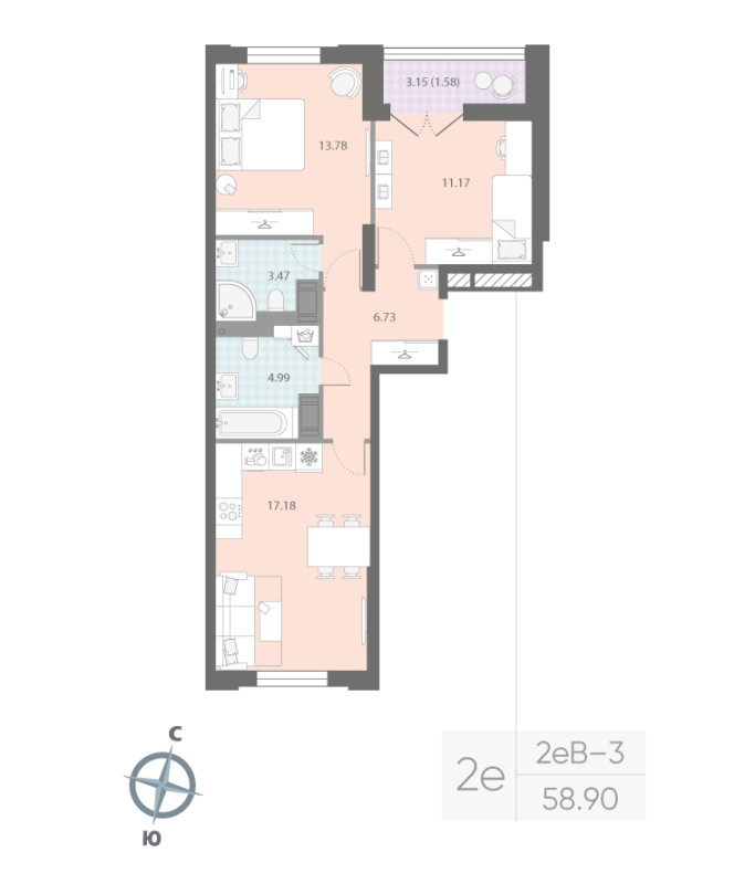2-комнатная квартира, 58.9 м²; этаж: 13 - купить в Санкт-Петербурге