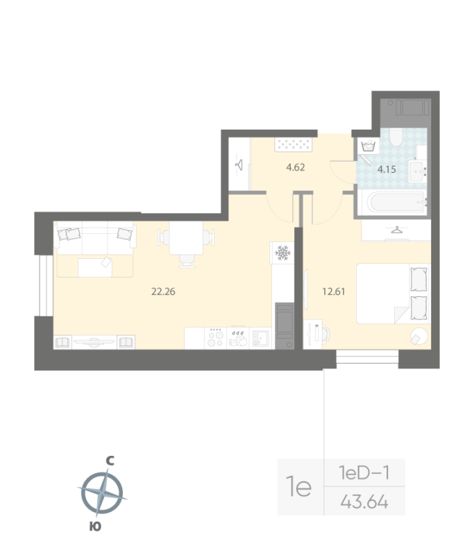 1-комнатная квартира, 43.64 м²; этаж: 4 - купить в Санкт-Петербурге