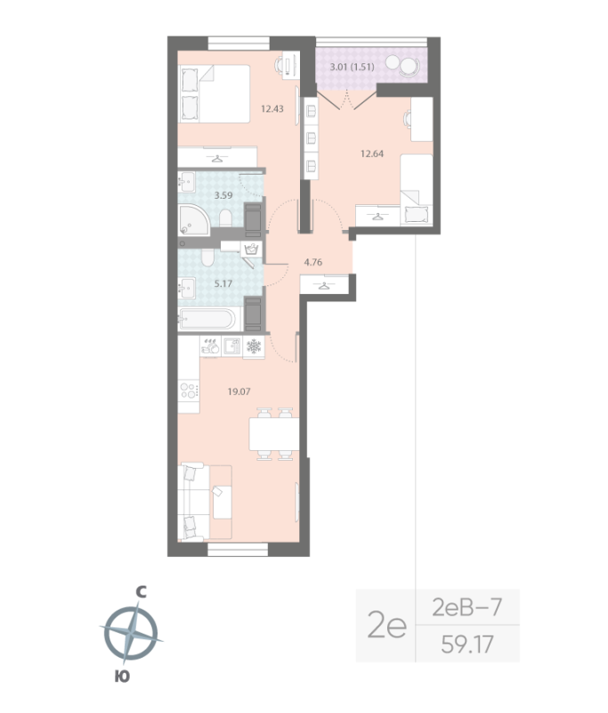 2-комнатная квартира  №407 в Цивилизация на Неве: 59.17 м², этаж 15 - купить в Санкт-Петербурге