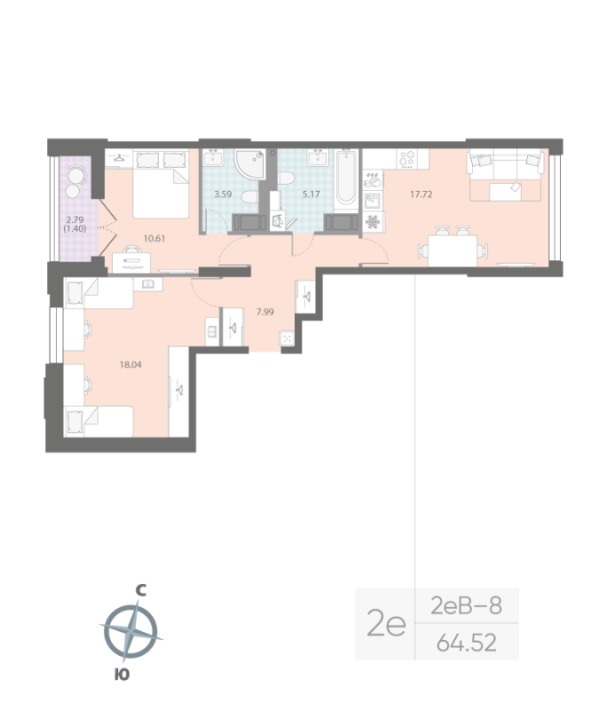 2-комнатная квартира, 64.52 м²; этаж: 14 - купить в Санкт-Петербурге
