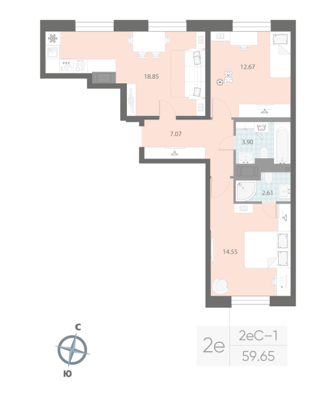 2-комнатная квартира, 59.65 м²; этаж: 4 - купить в Санкт-Петербурге