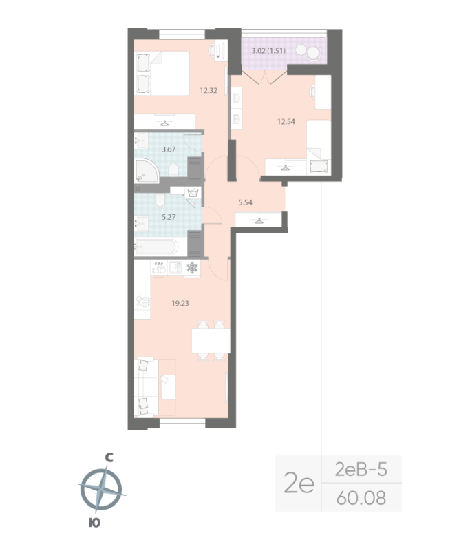 2-комнатная квартира, 60.08 м²; этаж: 14 - купить в Санкт-Петербурге