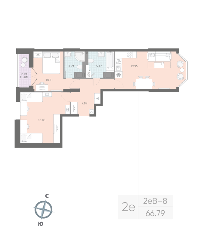 2-комнатная квартира, 66.79 м²; этаж: 10 - купить в Санкт-Петербурге