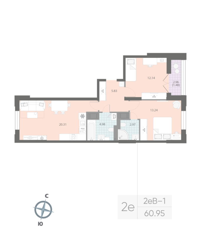 2-комнатная квартира, 60.95 м²; этаж: 13 - купить в Санкт-Петербурге