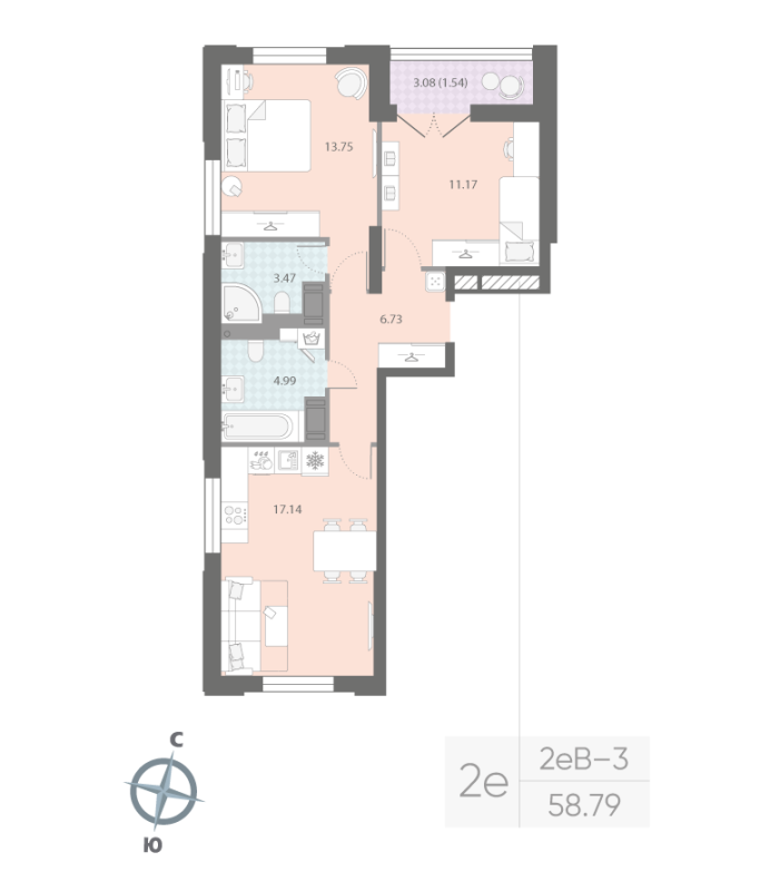 2-комнатная квартира  №217 в Цивилизация на Неве: 58.79 м², этаж 14 - купить в Санкт-Петербурге