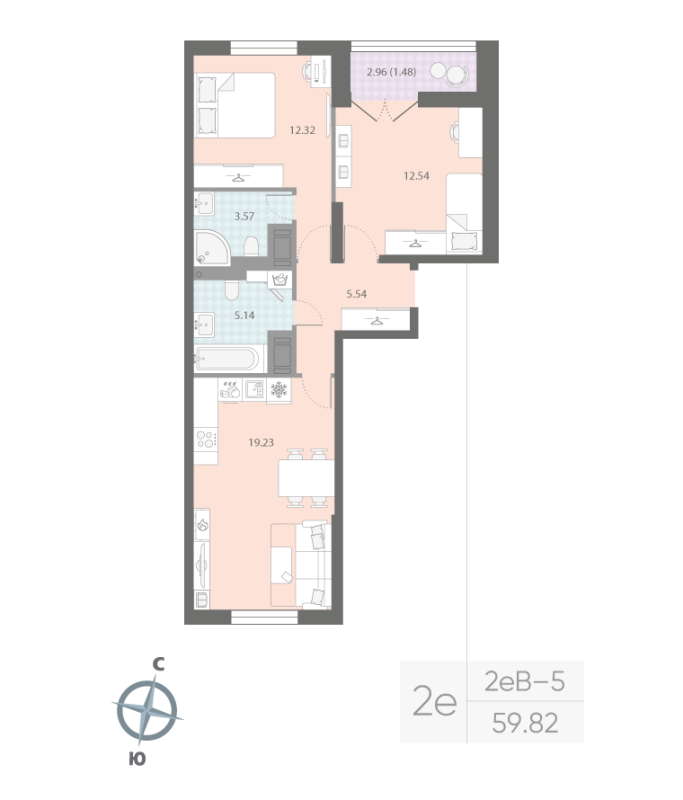 2-комнатная квартира  №309 в Цивилизация на Неве: 59.82 м², этаж 18 - купить в Санкт-Петербурге