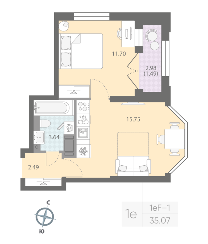 1-комнатная квартира №57 в: ЦИВИЛИЗАЦИЯ НА НЕВЕ: 35.07 м²; этаж: 13 - купить в Санкт-Петербурге