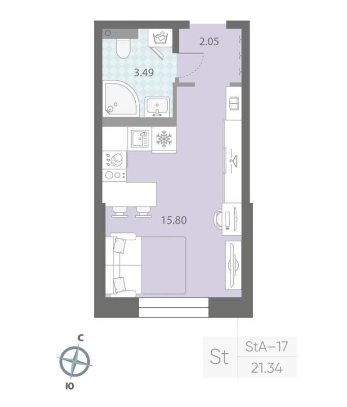 1-комнатная квартира №57 в: ЦИВИЛИЗАЦИЯ НА НЕВЕ: 21.34 м²; этаж: 2 - купить в Санкт-Петербурге