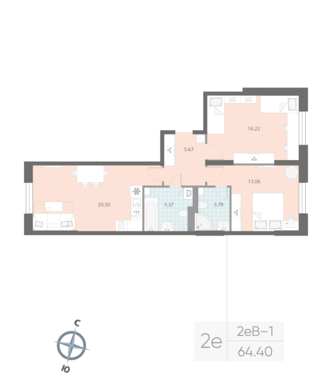 2-комнатная квартира, 64.4 м²; этаж: 2 - купить в Санкт-Петербурге