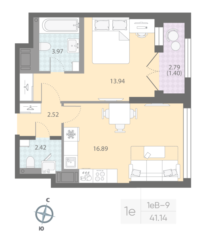 1-комнатная квартира, 41.14 м²; этаж: 16 - купить в Санкт-Петербурге