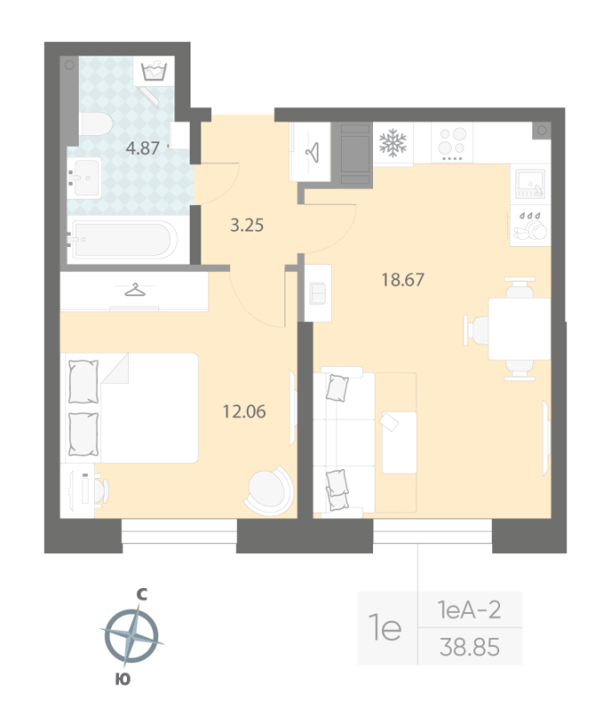 1-комнатная квартира №57 в: ЦИВИЛИЗАЦИЯ НА НЕВЕ: 38.85 м²; этаж: 3 - купить в Санкт-Петербурге