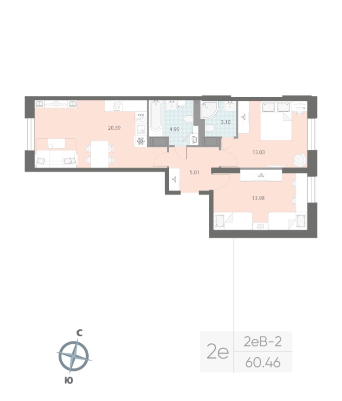 2-комнатная квартира, 60.46 м²; этаж: 3 - купить в Санкт-Петербурге