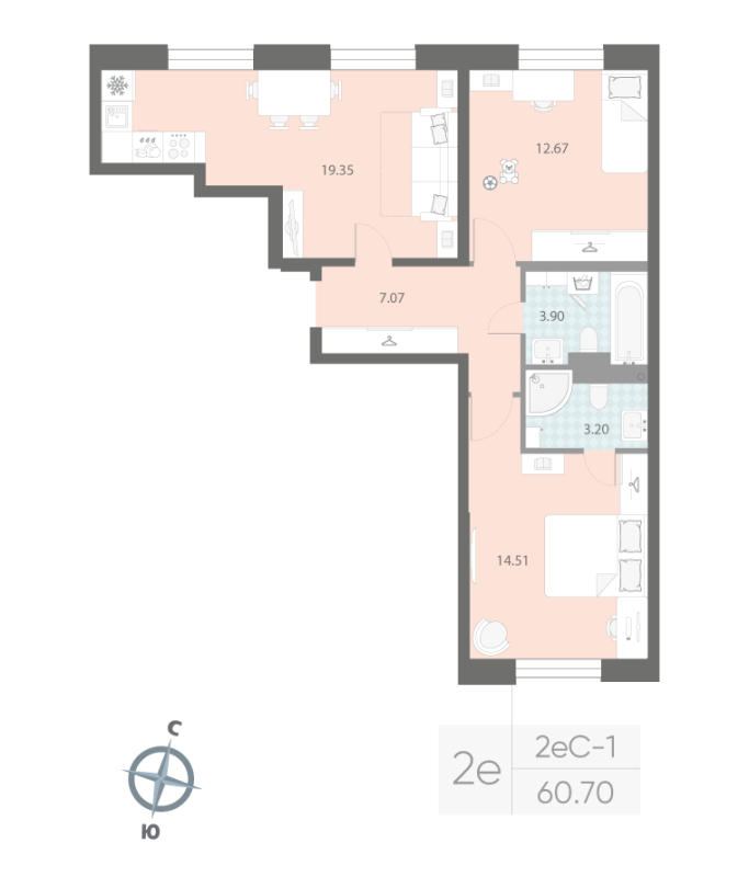2-комнатная квартира, 60.7 м²; этаж: 2 - купить в Санкт-Петербурге
