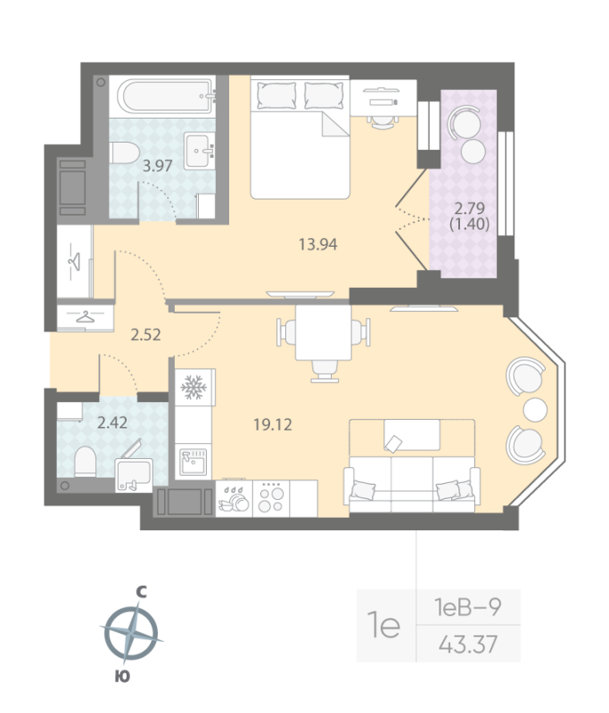 1-комнатная квартира, 43.37 м²; этаж: 12 - купить в Санкт-Петербурге