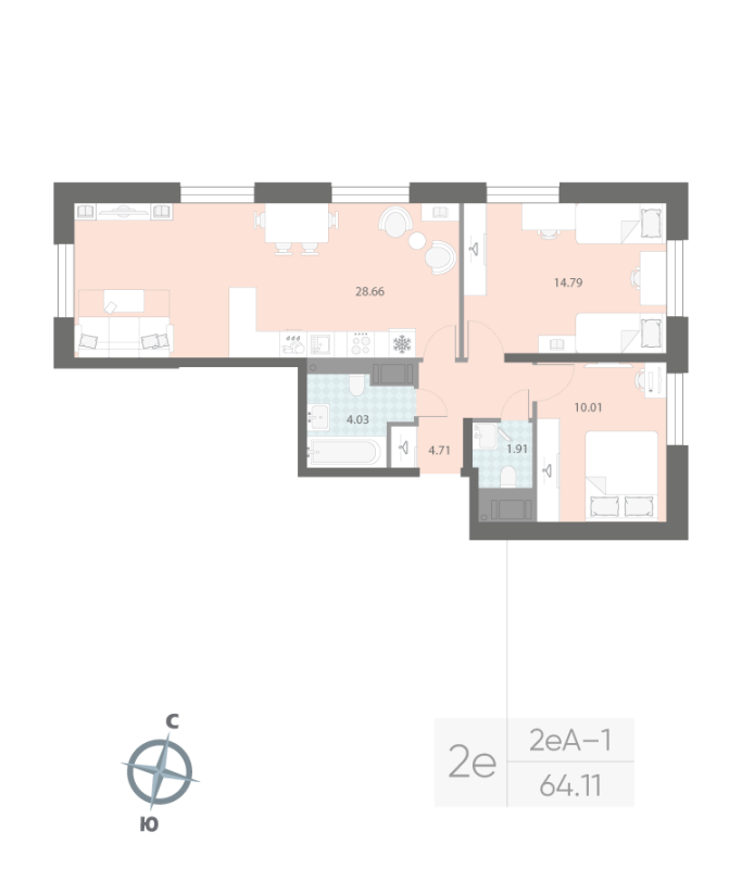 2-комнатная квартира, 64.11 м²; этаж: 4 - купить в Санкт-Петербурге