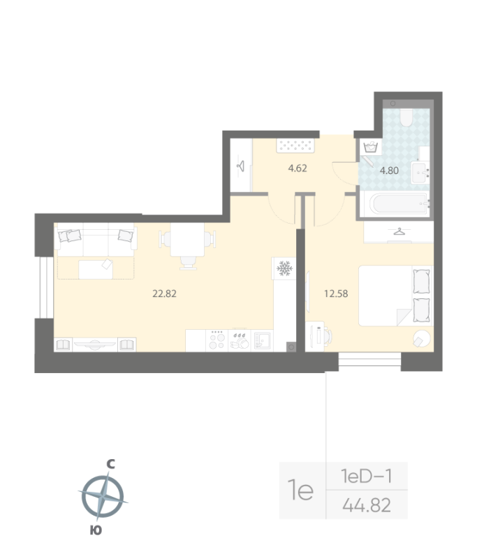 1-комнатная квартира, 44.82 м²; этаж: 2 - купить в Санкт-Петербурге