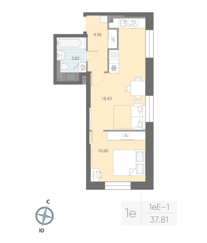 1-комнатная квартира, 37.81 м²; этаж: 3 - купить в Санкт-Петербурге