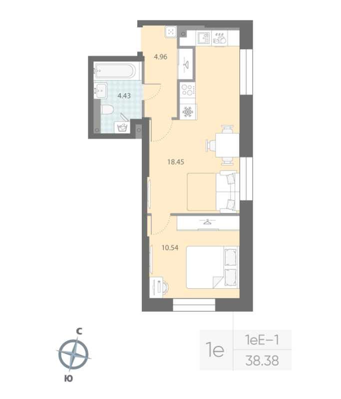 1-комнатная квартира №57 в: ЦИВИЛИЗАЦИЯ НА НЕВЕ: 38.38 м²; этаж: 2 - купить в Санкт-Петербурге