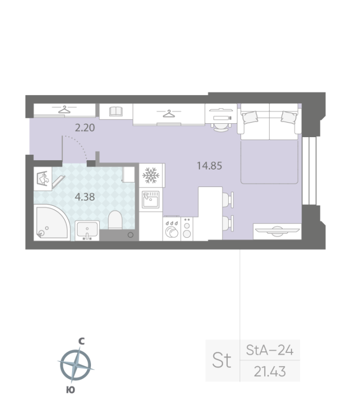 1-комнатная квартира №57 в: ЦИВИЛИЗАЦИЯ НА НЕВЕ: 21.43 м²; этаж: 2 - купить в Санкт-Петербурге