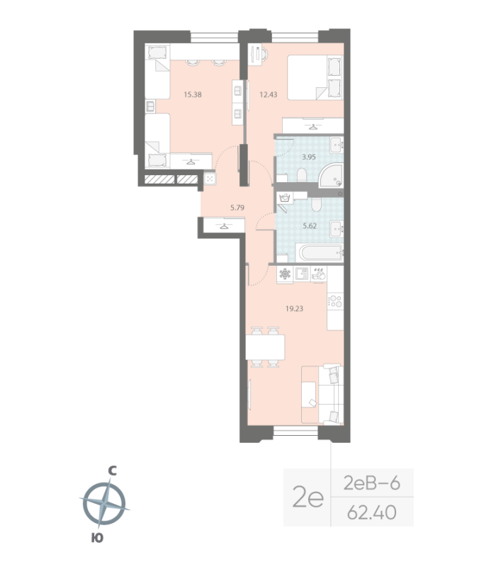 2-комнатная квартира, 62.4 м²; этаж: 2 - купить в Санкт-Петербурге