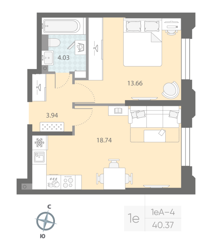 1-комнатная квартира №57 в: ЦИВИЛИЗАЦИЯ НА НЕВЕ: 40.37 м²; этаж: 2 - купить в Санкт-Петербурге