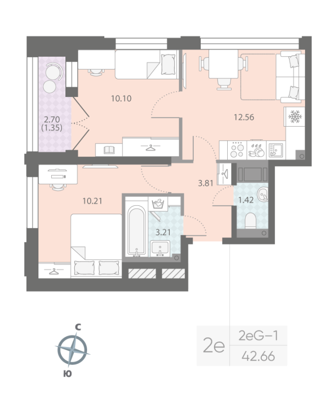 2-комнатная квартира, 42.66 м²; этаж: 14 - купить в Санкт-Петербурге