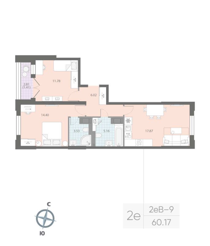 2-комнатная квартира, 60.17 м²; этаж: 14 - купить в Санкт-Петербурге